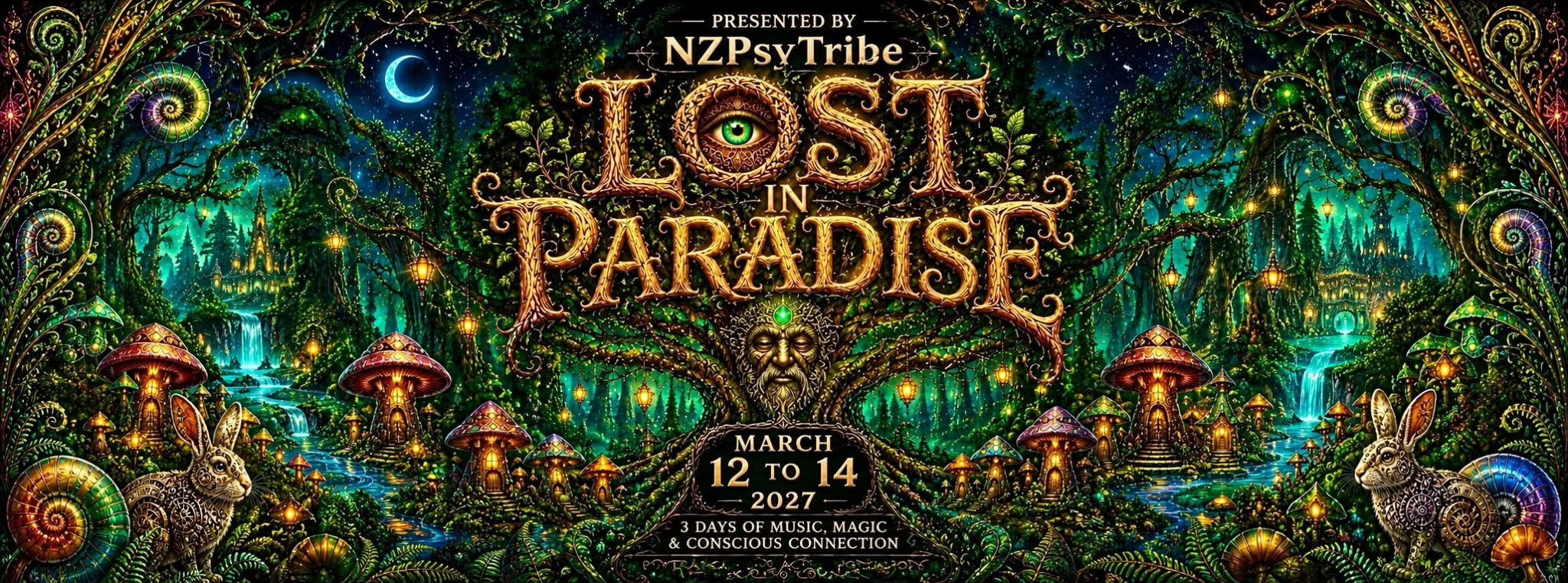 Lost in Paradise 2027 poster: presented by NZPsyTribe, March 12 to 14, three days of music, magic and conscious connection