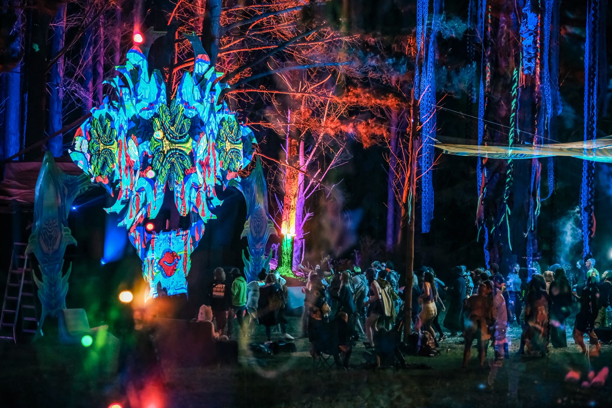 Crowd gathered beside a psychedelic stage in the forest